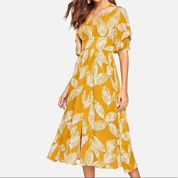 Host Pick! Leaves Print Split V-neck Dress - Picture 3 of 5